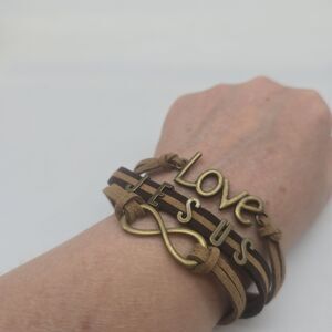 Infinity Love Jesus Christ Charm Bracelet Brown Vegan Adjustable Religious
